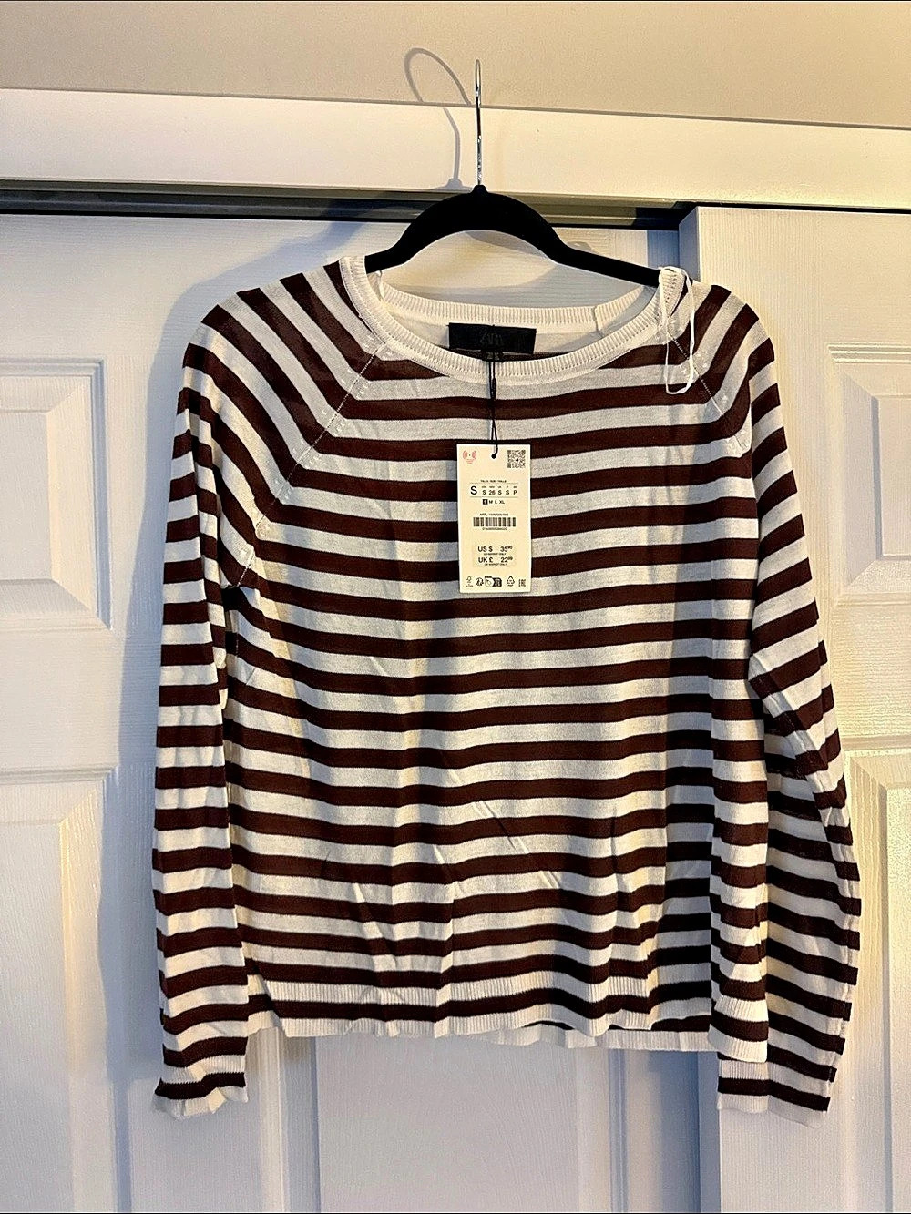 Zara Striped Cotton Long Sleeve Top in Brown & White Size Medium